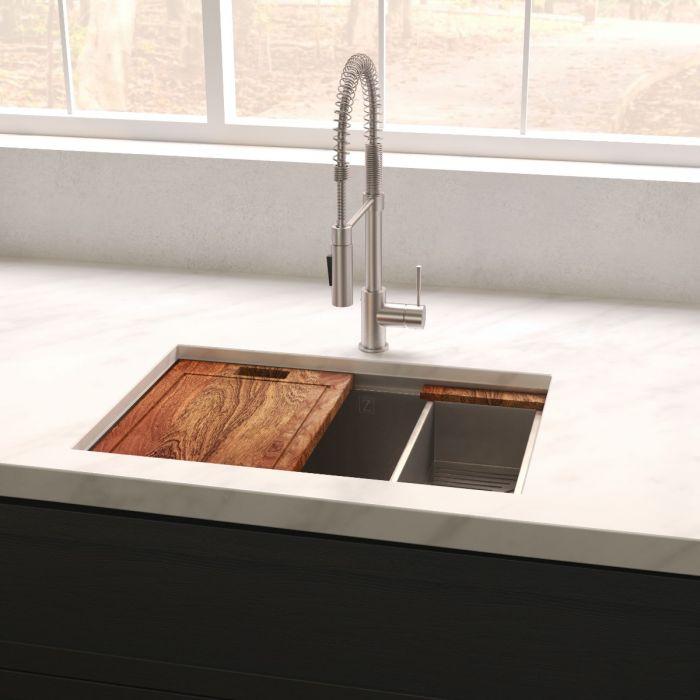 ZLINE Garmisch 27" Undermount Single Bowl Sink in Satin Stainless Steel with Accessories (SLS-27S) installed in kitchen.