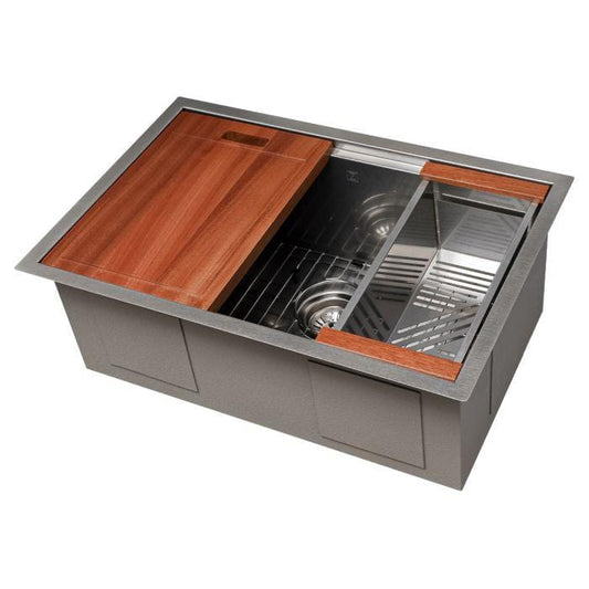 ZLINE Garmisch 27" Undermount Single Bowl Sink in Satin Stainless Steel with Accessories (SLS-27S) showcasing innovative design.