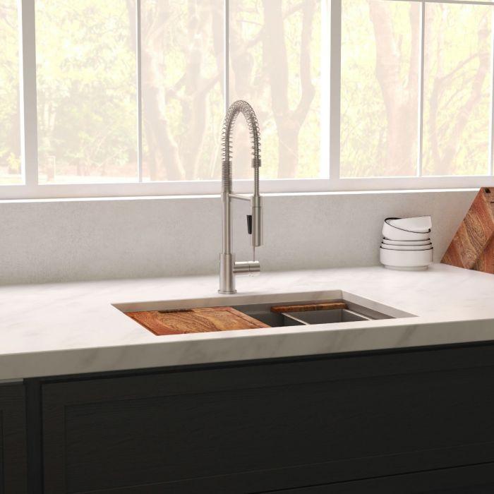 ZLINE Garmisch 30" Undermount Single Bowl Sink in DuraSnow® Stainless Steel with Accessories (SLS-30S) in a modern kitchen.