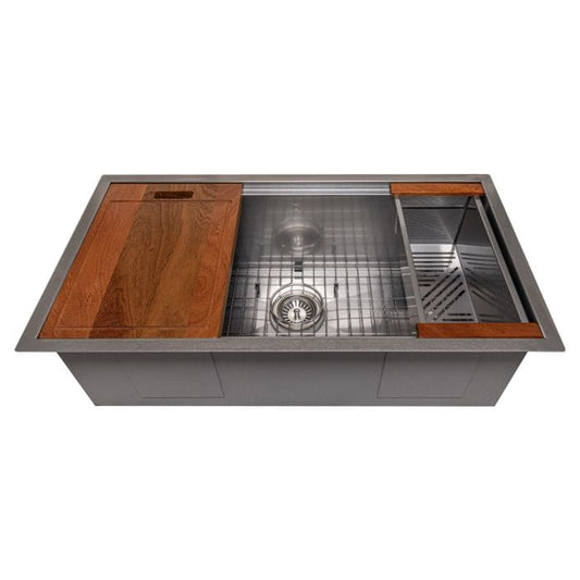 ZLINE Garmisch 33" Undermount Single Bowl Sink in DuraSnow® Stainless Steel with Accessories (SLS-33S) with wood cutting board