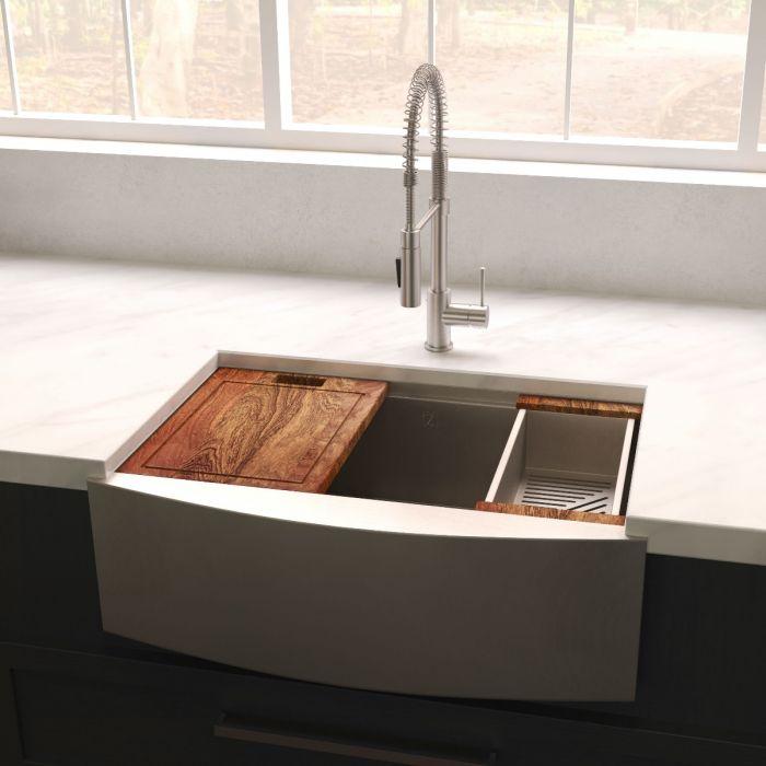 ZLINE Garmisch 33" Undermount Single Bowl Sink in Satin Stainless Steel with Accessories (SLSAP-33S) featured in kitchen.