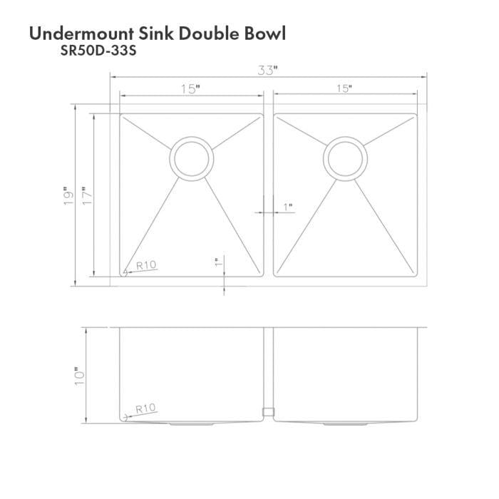ZLINE Anton 33" Undermount Double Bowl Sink in DuraSnow® Stainless Steel (SR50D-33S) dimensions and design diagram