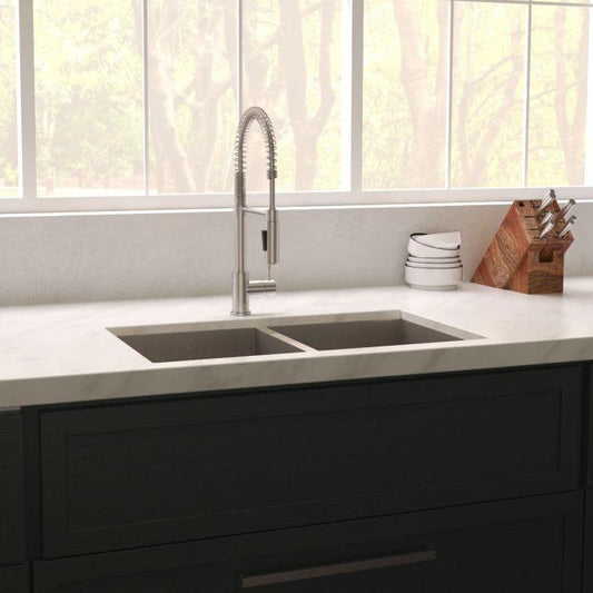ZLINE Anton 33" Undermount Double Bowl Sink in DuraSnow® Stainless Steel (SR50D-33S) installed in modern kitchen.