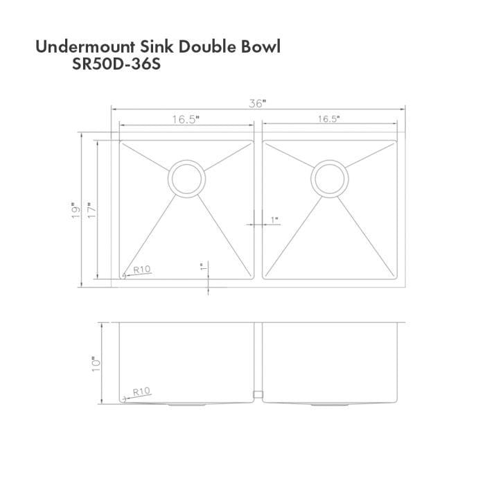 ZLINE Anton 36" Undermount Double Bowl Sink in DuraSnow® Stainless Steel (SR50D-36S) dimensions illustration.