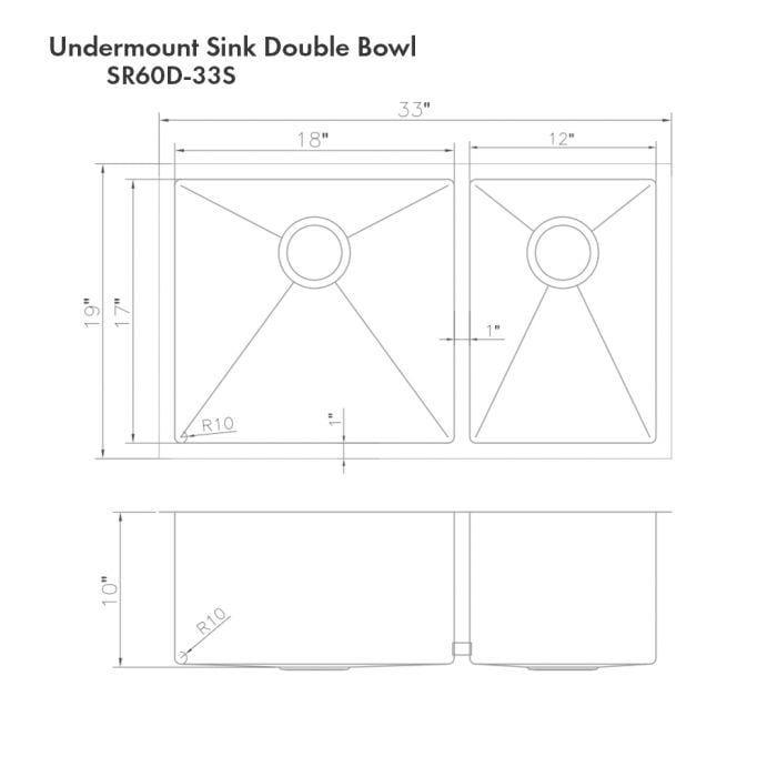 ZLINE Chamonix 33" Undermount Double Bowl Sink in DuraSnow® Stainless Steel (SR60D-33S) dimensions diagram.