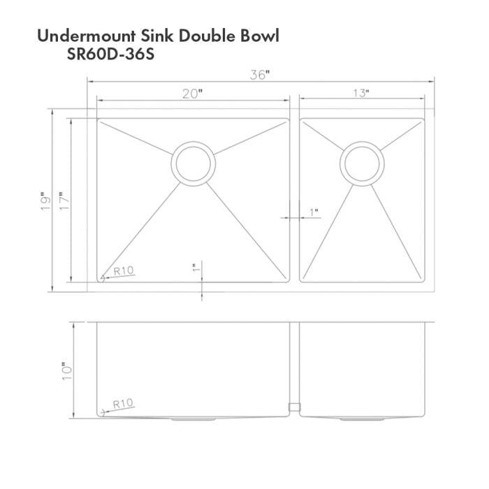 ZLINE Chamonix 36" DuraSnow® Undermount Double Bowl Sink SR60D-36S dimensions drawing with measurements.