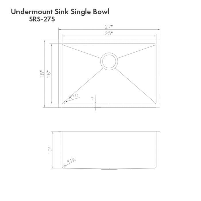 ZLINE Meribel 27" DuraSnow® Undermount Kitchen Sink SRS-27S technical drawing dimensions