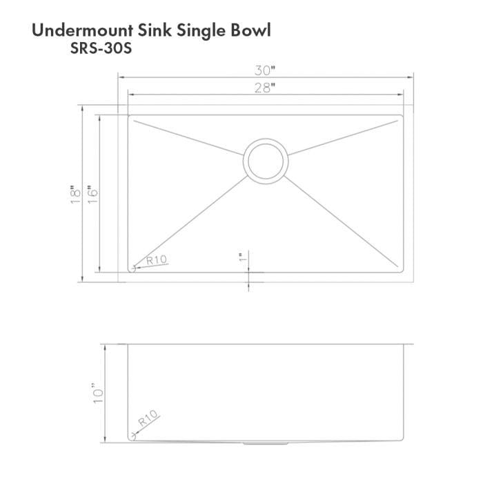 ZLINE Meribel 30" DuraSnow® Undermount Kitchen Sink SRS-30S technical drawing dimensions single bowl design