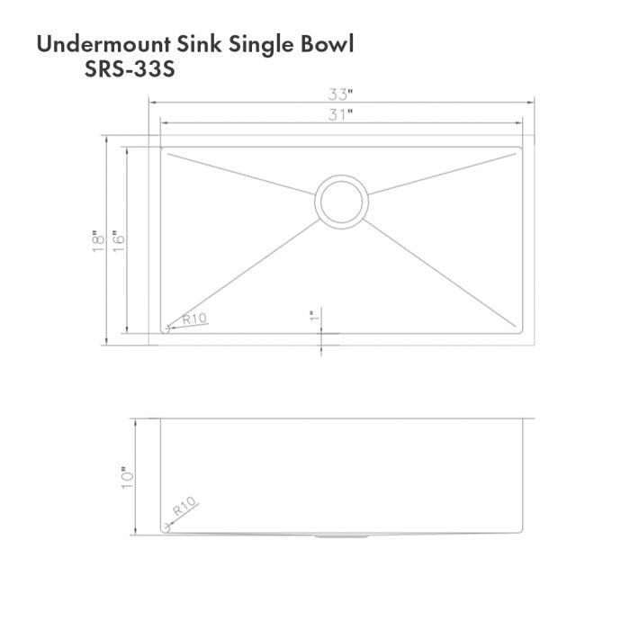 ZLINE Meribel 33" DuraSnow® Undermount Kitchen Sink SRS-33S dimensions and specifications diagram.