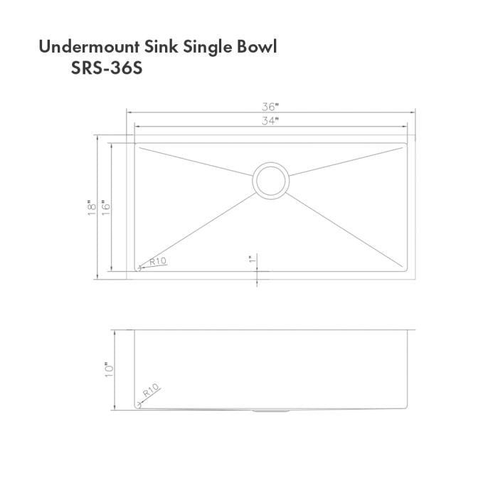 ZLINE Meribel 36" DuraSnow® Undermount Kitchen Sink SRS-36S diagram showing dimensions and single bowl design.
