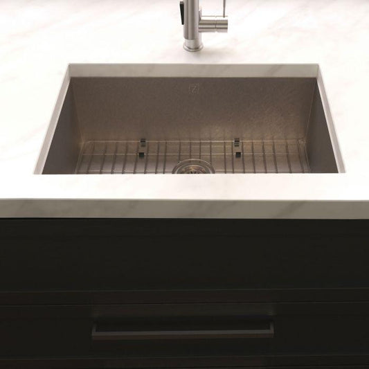 ZLINE Meribel 36" DuraSnow® Undermount Kitchen Sink SRS-36S with grid and faucet on marble countertop.