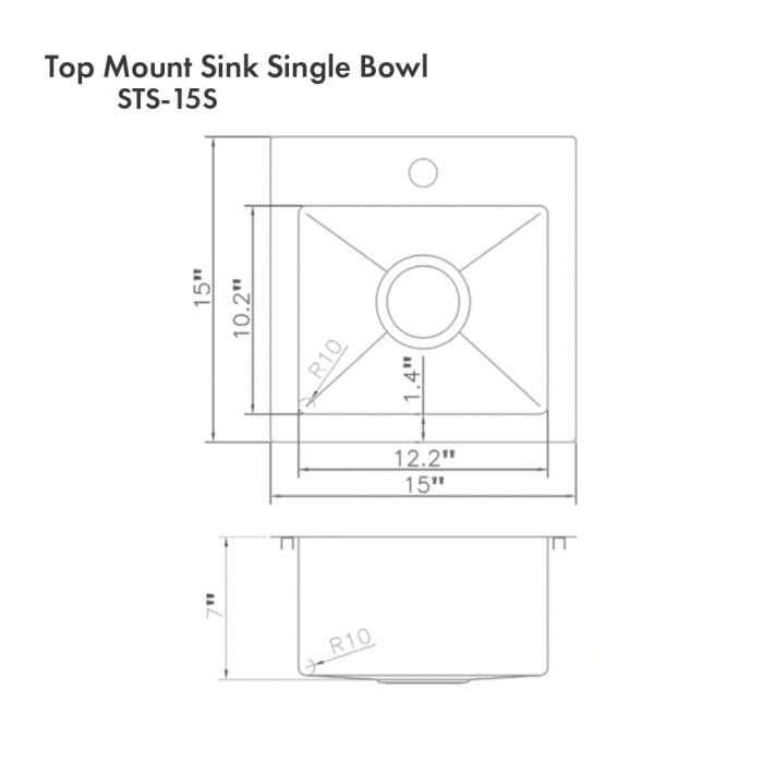 ZLINE Donner 15" DuraSnow® Topmount Bar Sink STS-15S dimensions illustration