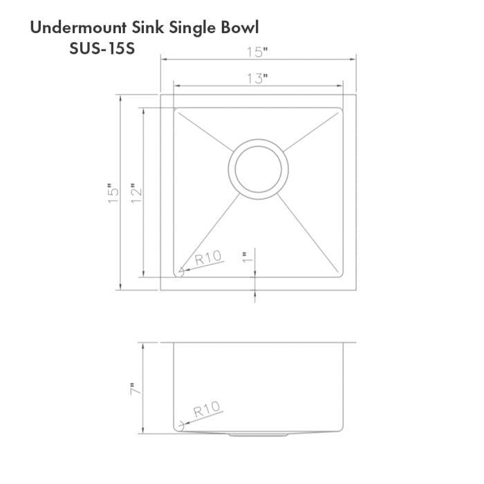 ZLINE Boreal 15" DuraSnow® Undermount Bar Sink SUS-15S dimensions and design drawing