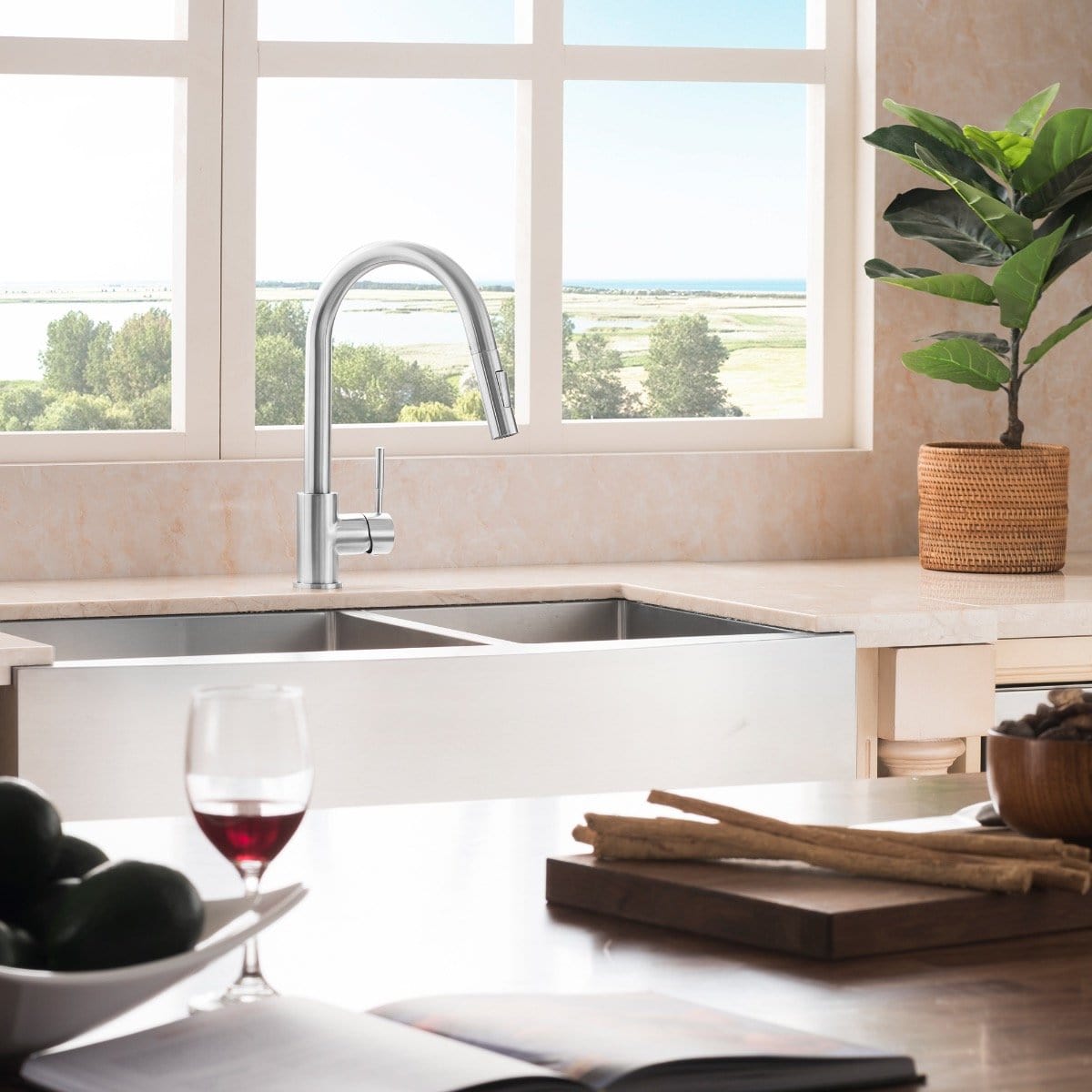 ZLINE Courchevel Farmhouse 36" Apron Mount Double Bowl Sink in Stainless Steel (SA60D-36) displayed in modern kitchen with window view.