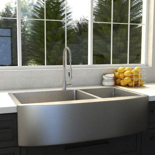 ZLINE Niseko Farmhouse 36" Apron Mount Double Bowl Sink in Stainless Steel (SA50D-36) in modern kitchen setting.