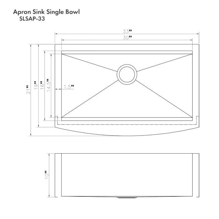 ZLINE Moritz Farmhouse 33" Undermount Single Bowl Sink in Stainless Steel with Accessories (SLSAP-33) dimensions diagram.