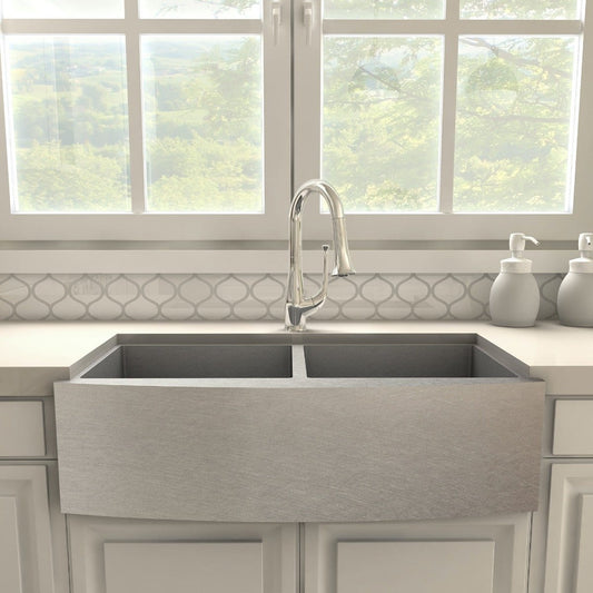 ZLINE Shakespeare Chrome Elegant Kitchen Faucet SHK-KF-CH installed above a spacious farmhouse sink.