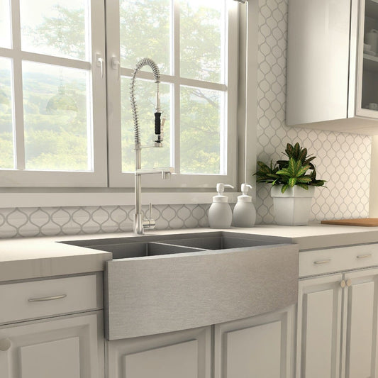 ZLINE Van Gogh Chrome Professional Kitchen Faucet VNG-KF-CH paired with a farmhouse sink under a window.