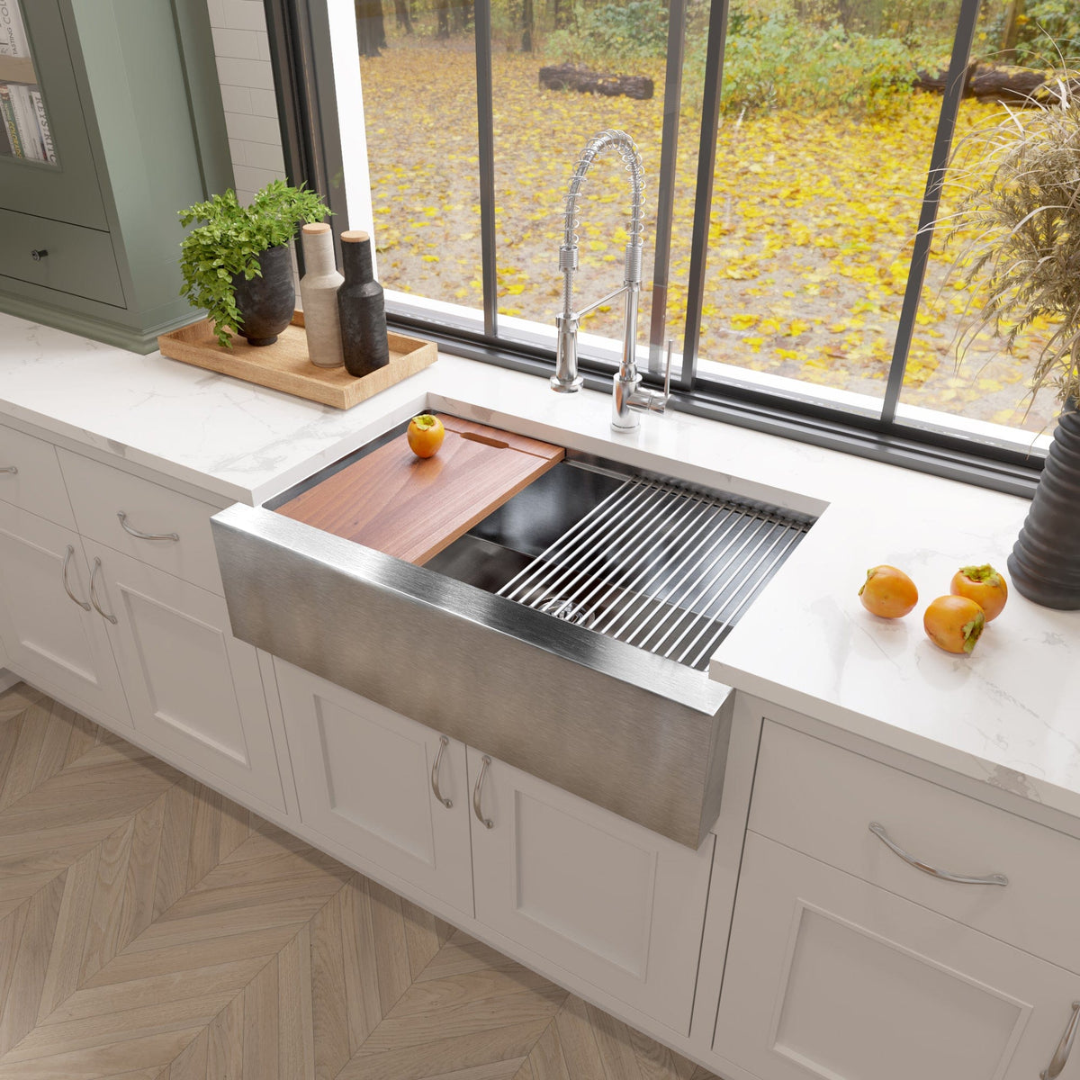 Nantucket 33 inch Pro Series stainless steel apron front sink in a kitchen
