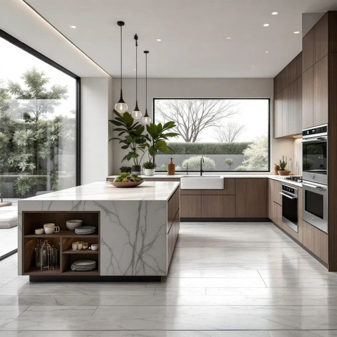 Modern kitchen with a waterfall island showcasing top trends for 2026