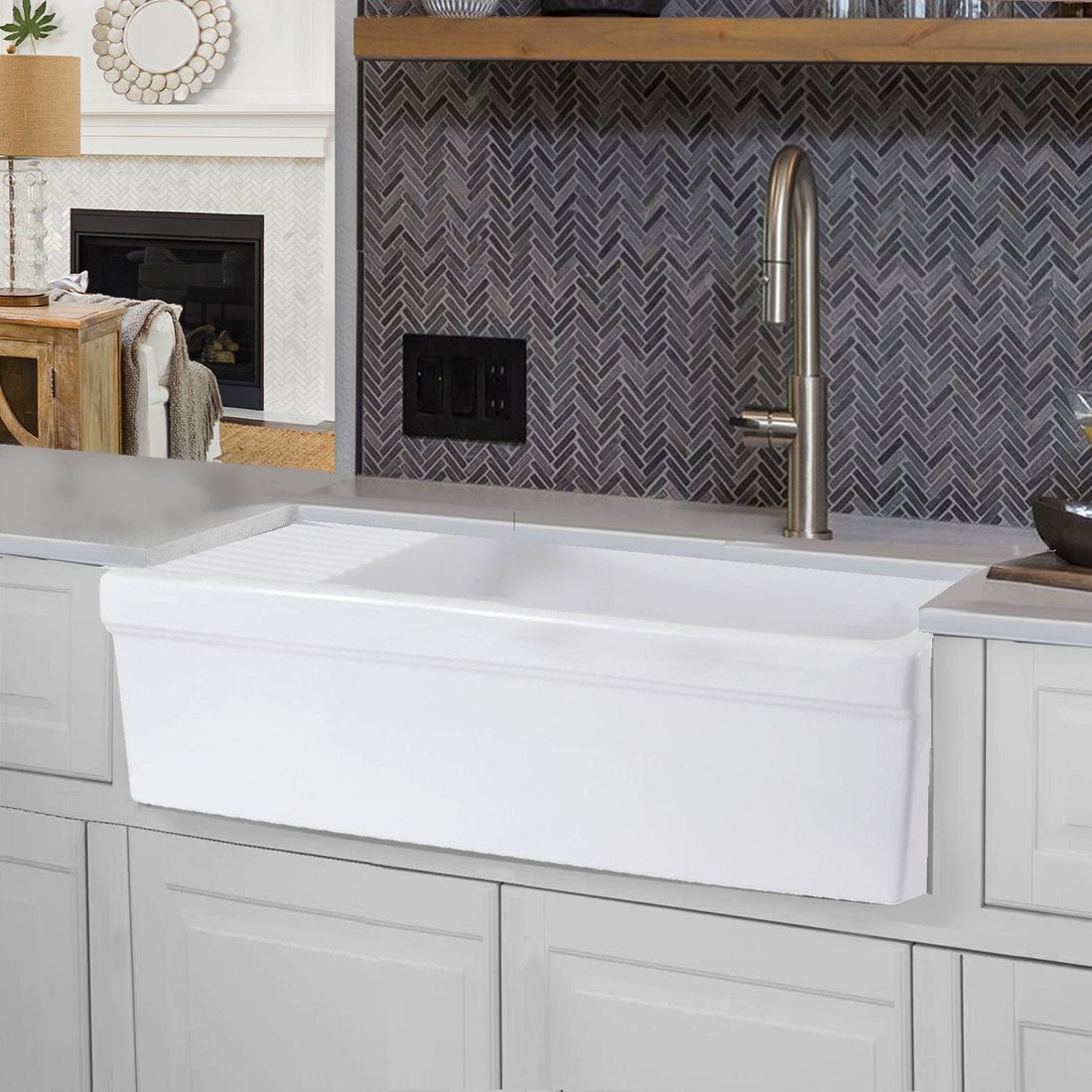 Nantucket 36 inch Italian fireclay farmhouse sink with built-in drainboard in a kitchen