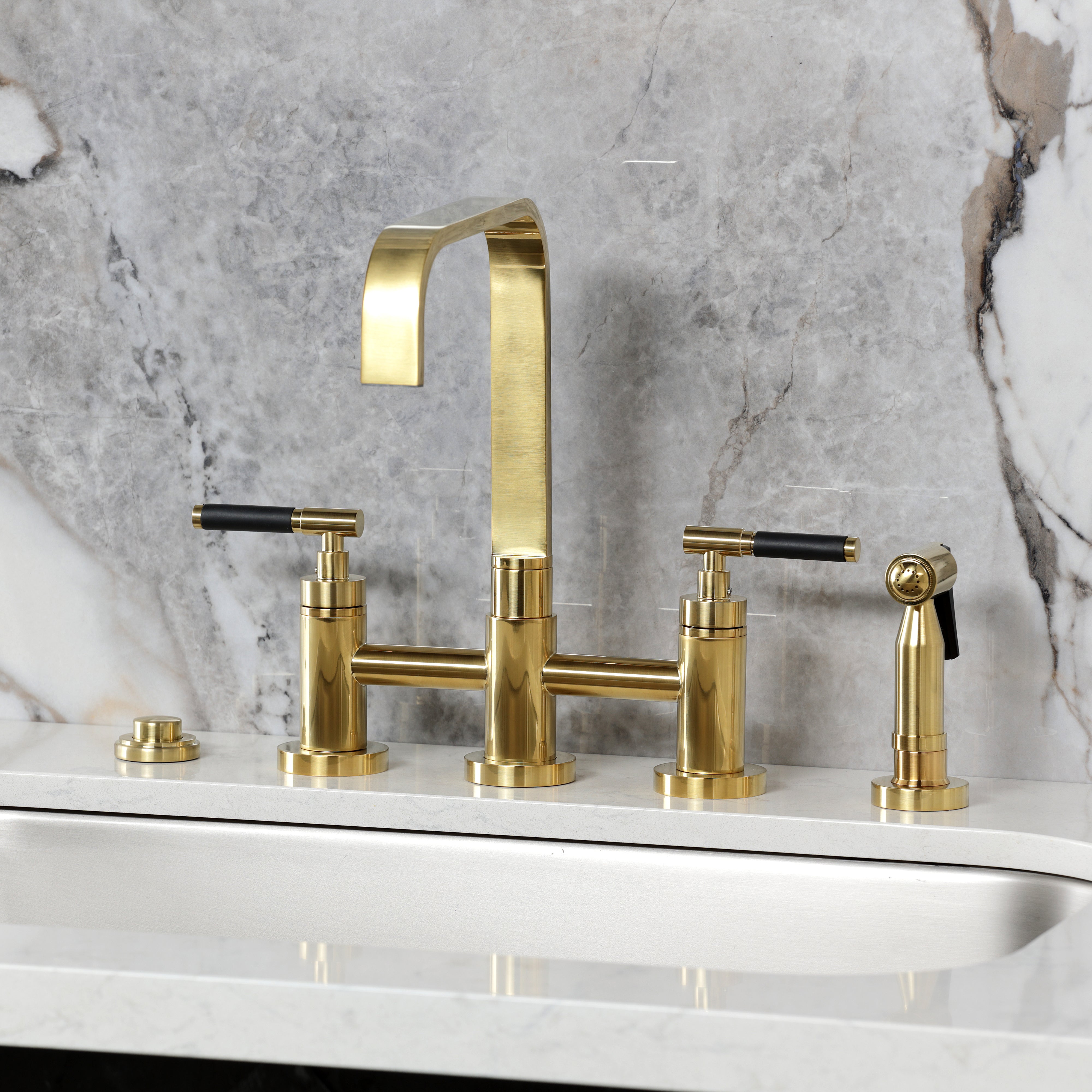 Kingston KS8257CKLBS Kaiser Bridge Kitchen Faucet with Brass Sprayer, Brushed Brass in modern kitchen setting