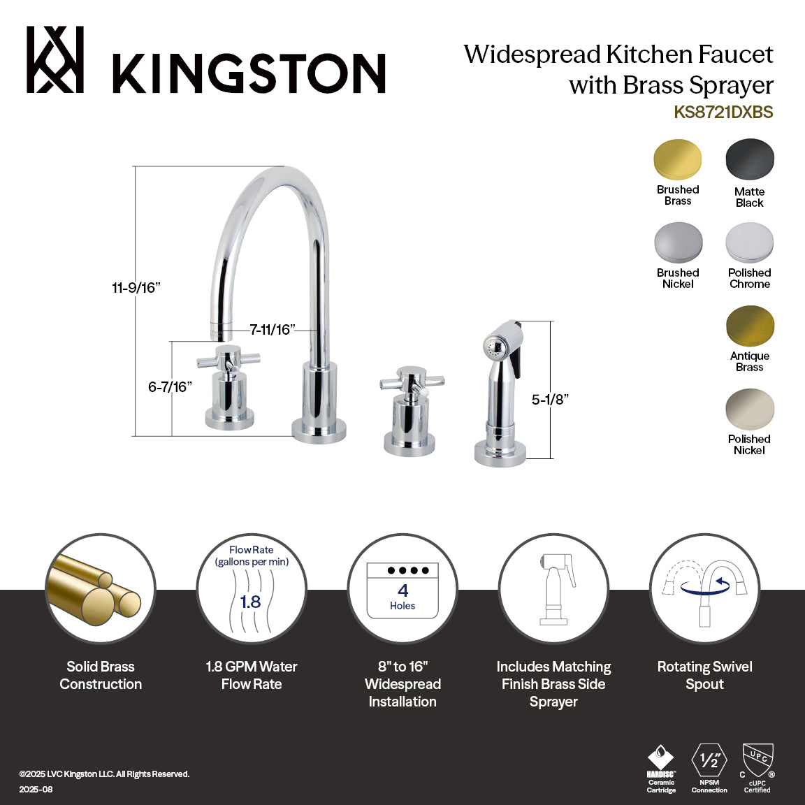 Kingston Brass KS8723DXBS Concord Double-Handle Widespread Kitchen Faucet with Brass Sprayer, Antique Brass