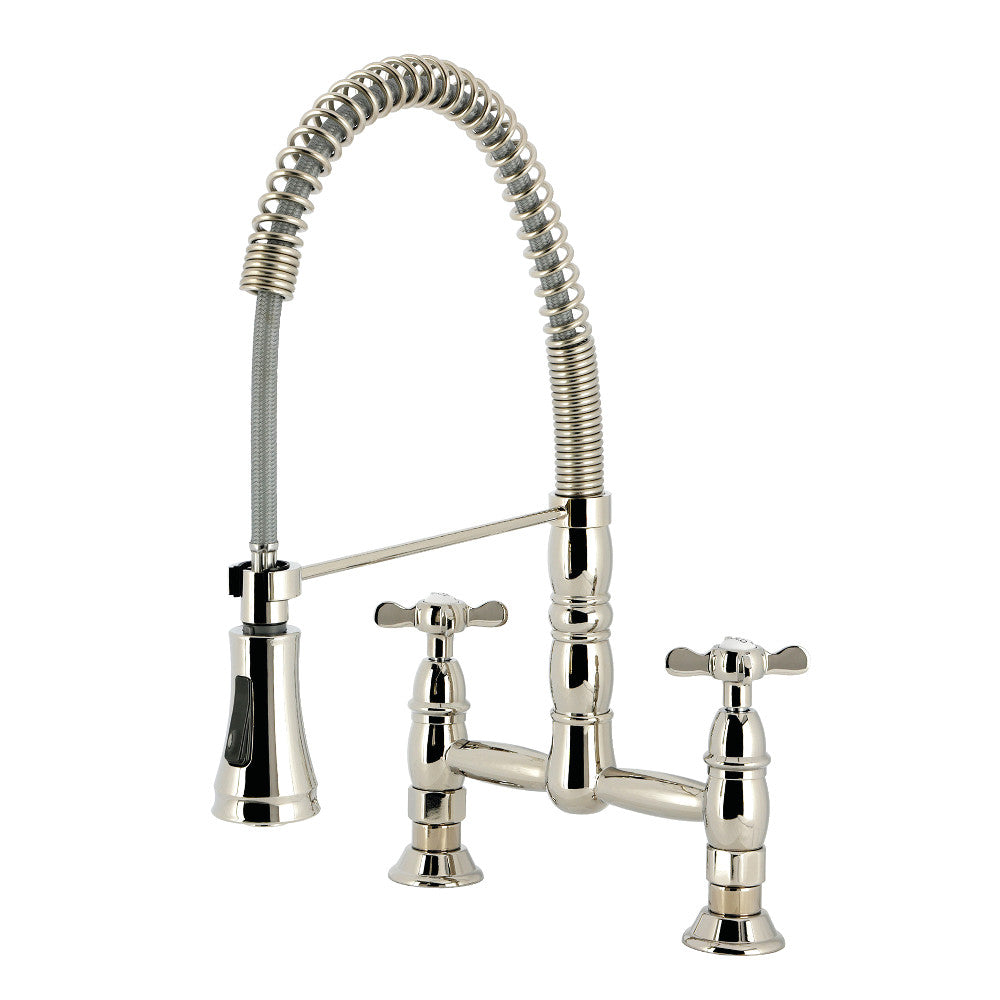 Kingston Brass GS1273BEX Essex Double-Handle Deck-Mount Pre-Rinse Bridge Kitchen Faucet, Antique Brass in polished nickel