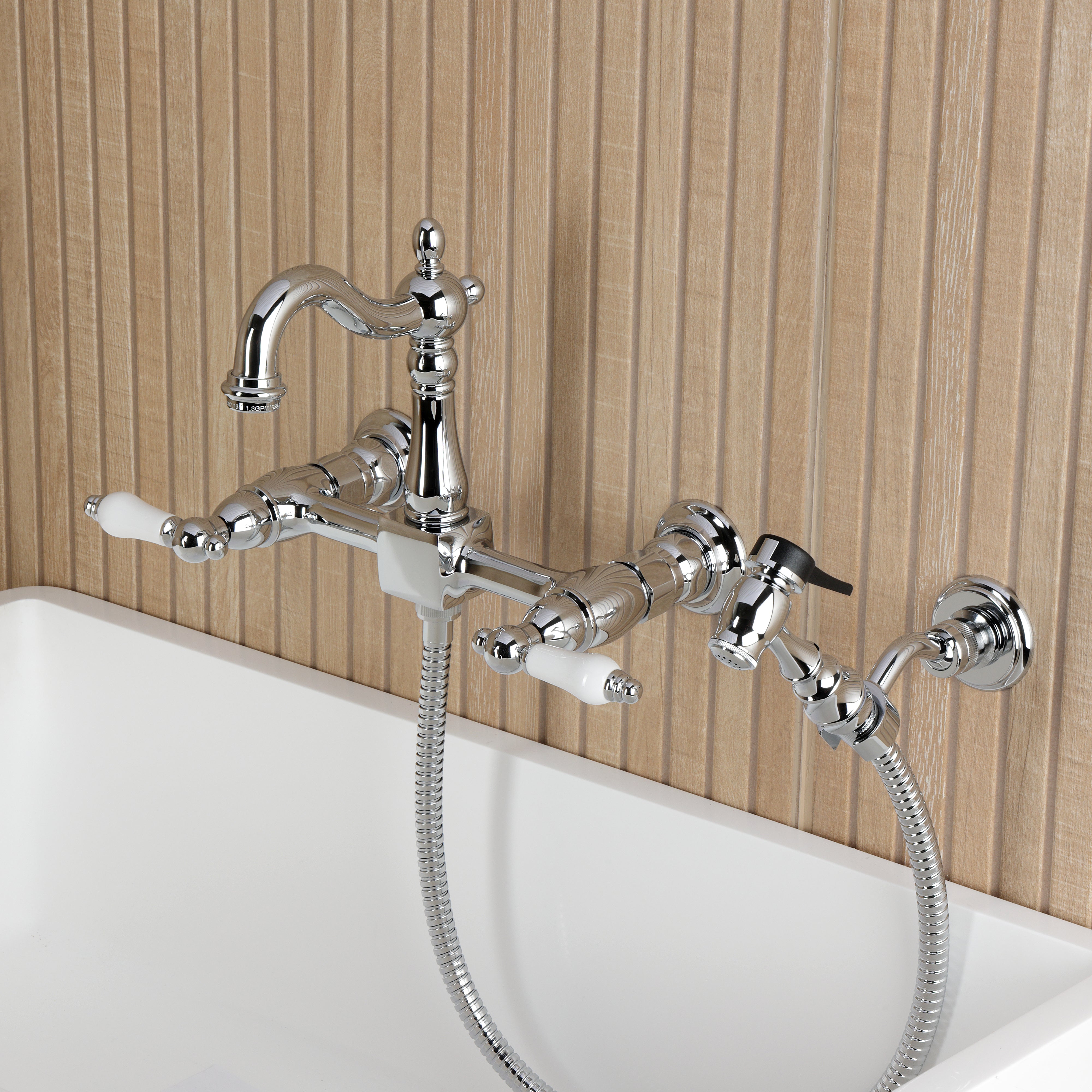Kingston KS2443PLBS Heritage Two-Handle Wall Mount Bridge Kitchen Faucet with Brass Sprayer, Antique Brass