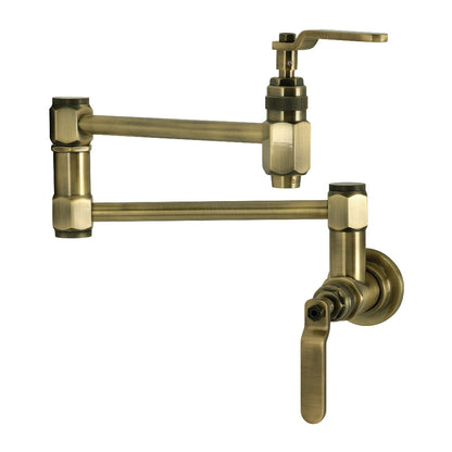 Kingston Brass KS5103KL Whitaker Wall Mount Pot Filler Faucet, Antique Brass with industrial-inspired lever handles
