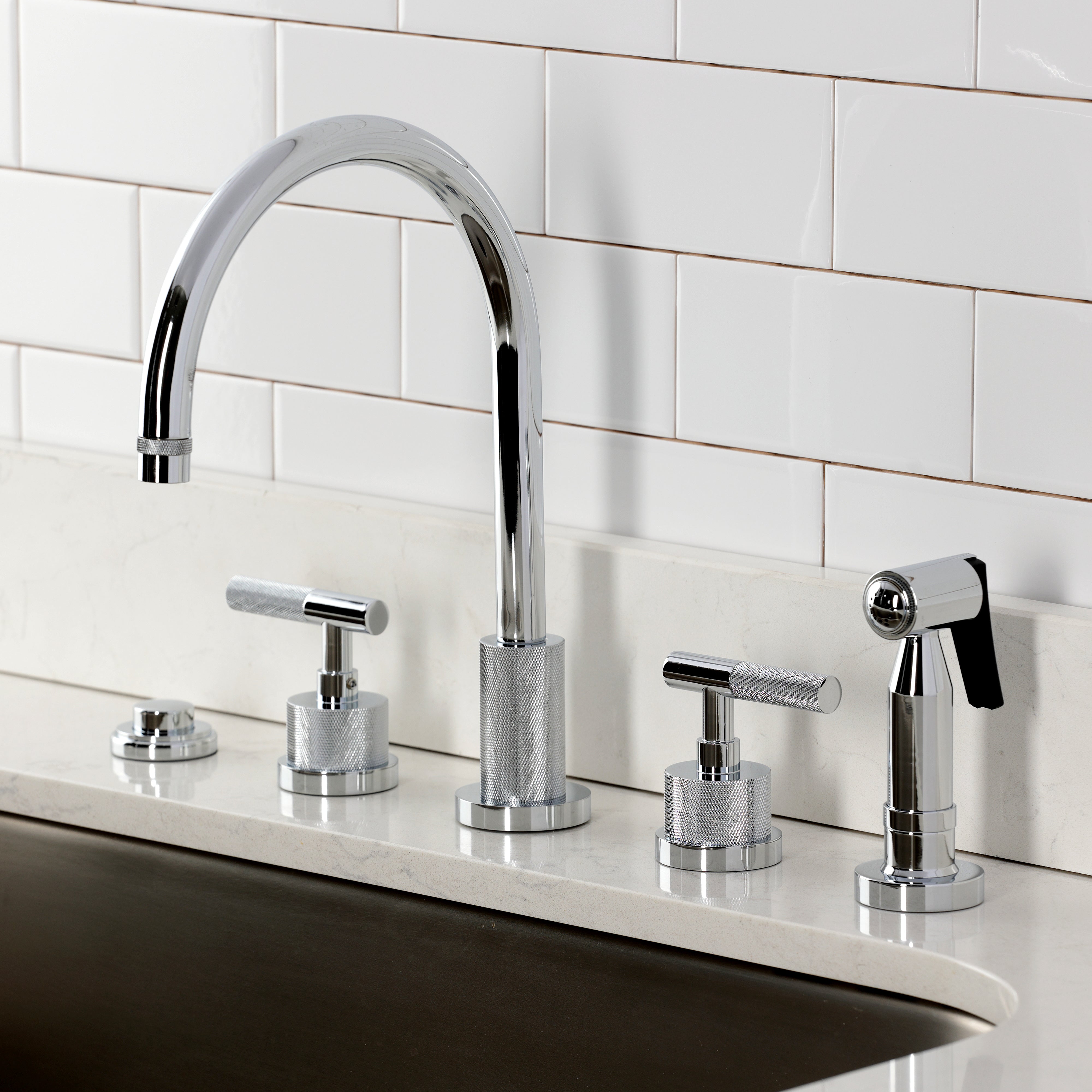 Kingston Brass KS8723KNLBS Convergent Double-Handle Widespread Kitchen Faucet with Knurled Handle and Brass Sprayer, Antique Brass