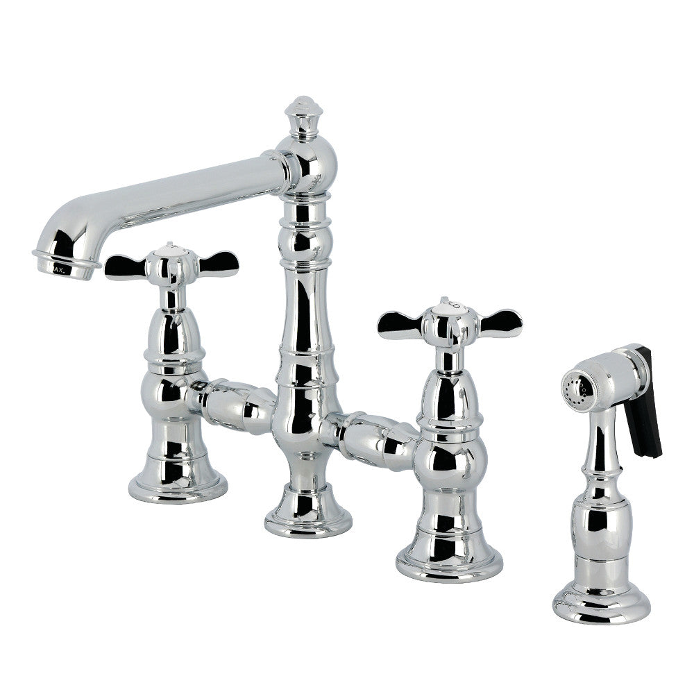 Kingston KS7277BEXBS Essex Bridge Kitchen Faucet with Brass Sprayer, Brushed Brass in polished chrome finish.