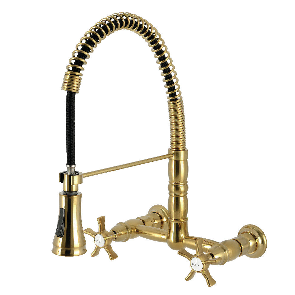 Kingston Brass GS1243NX Hamilton Double-Handle Wall-Mount Pre-Rinse Bridge Kitchen Faucet, Antique Brass with flexible spout.