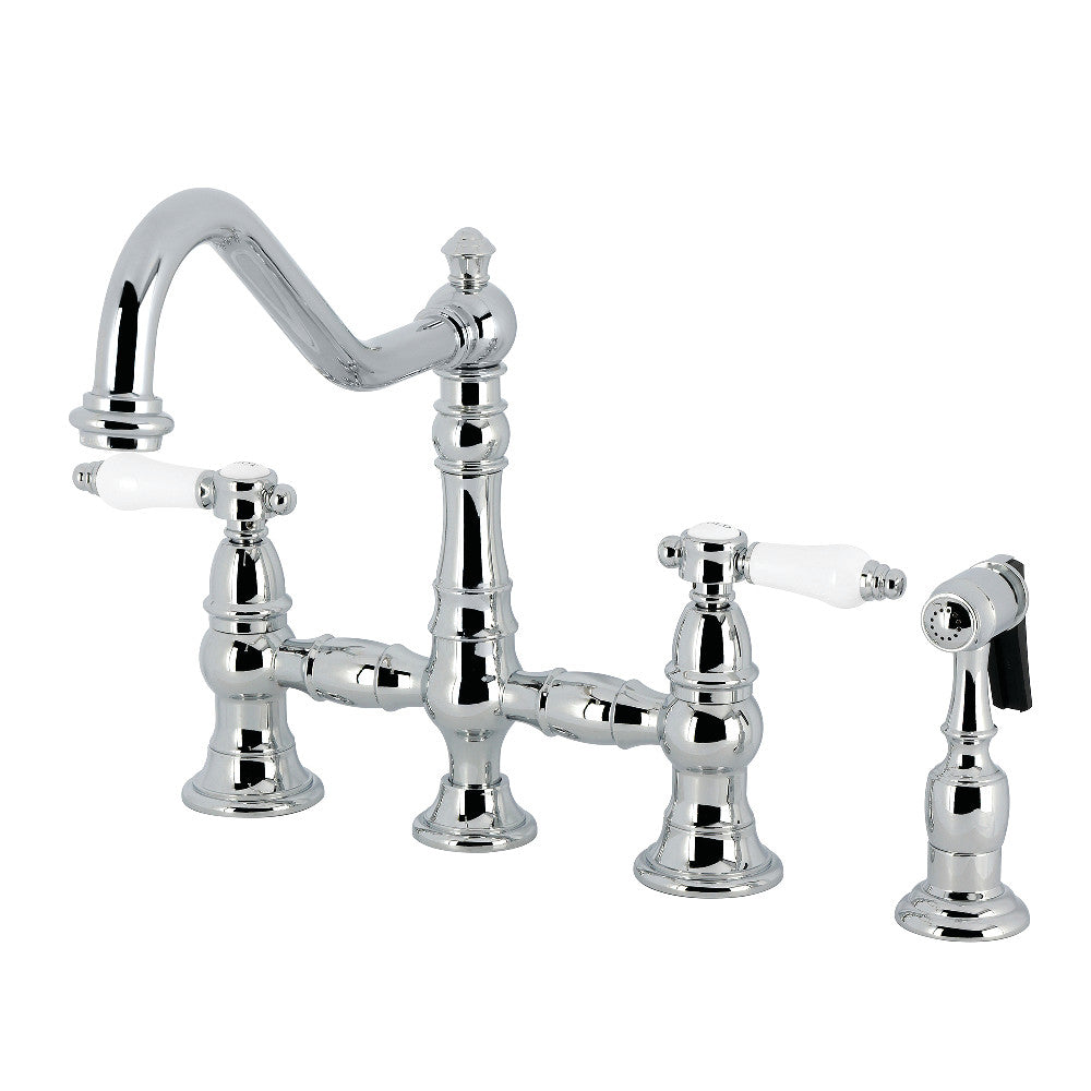 Kingston KS3277BPLBS Bel-Air Bridge Kitchen Faucet with Brass Sprayer, Brushed Brass in polished chrome finish.