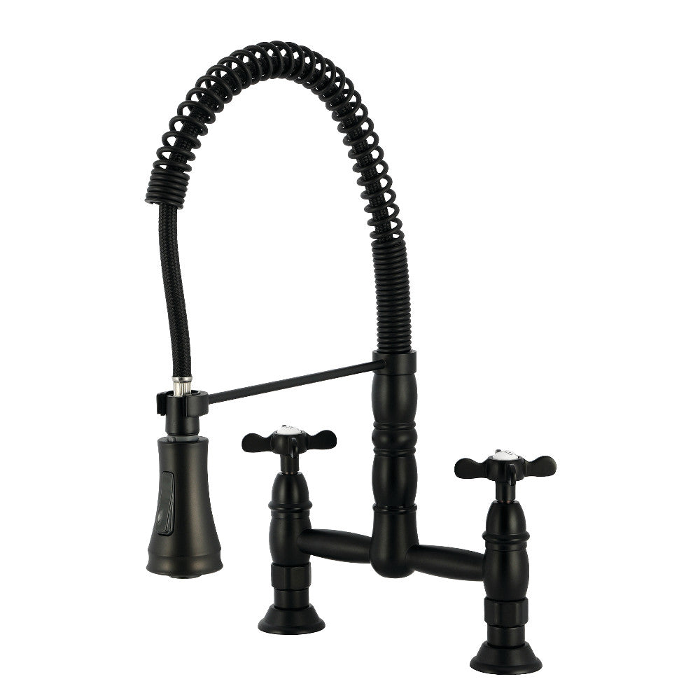 Kingston Brass GS1273BEX Essex Double-Handle Deck-Mount Pre-Rinse Bridge Kitchen Faucet, Antique Brass in Matte Black finish.