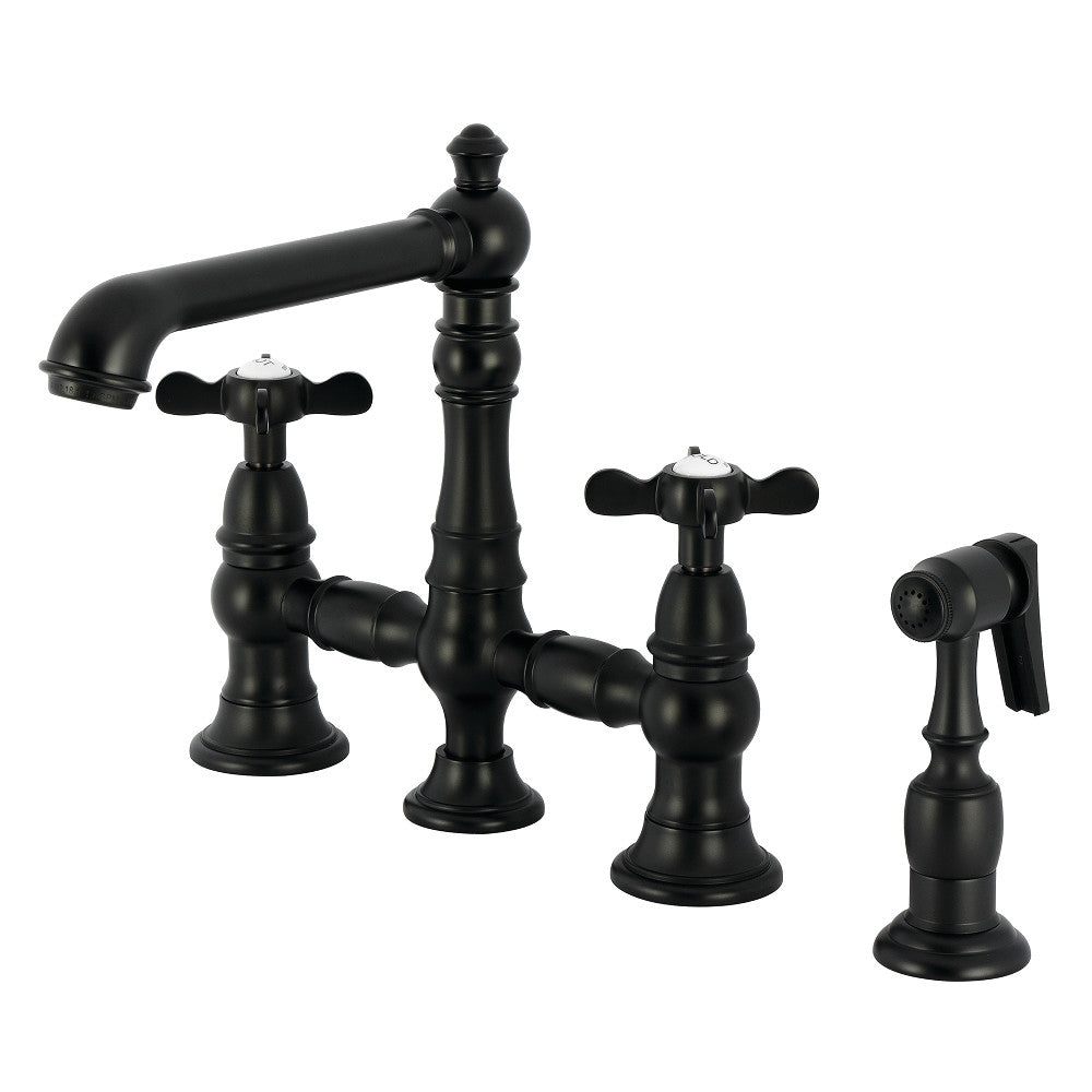 Kingston KS7277BEXBS Essex Bridge Kitchen Faucet with Brass Sprayer, Brushed Brass in matte black finish.