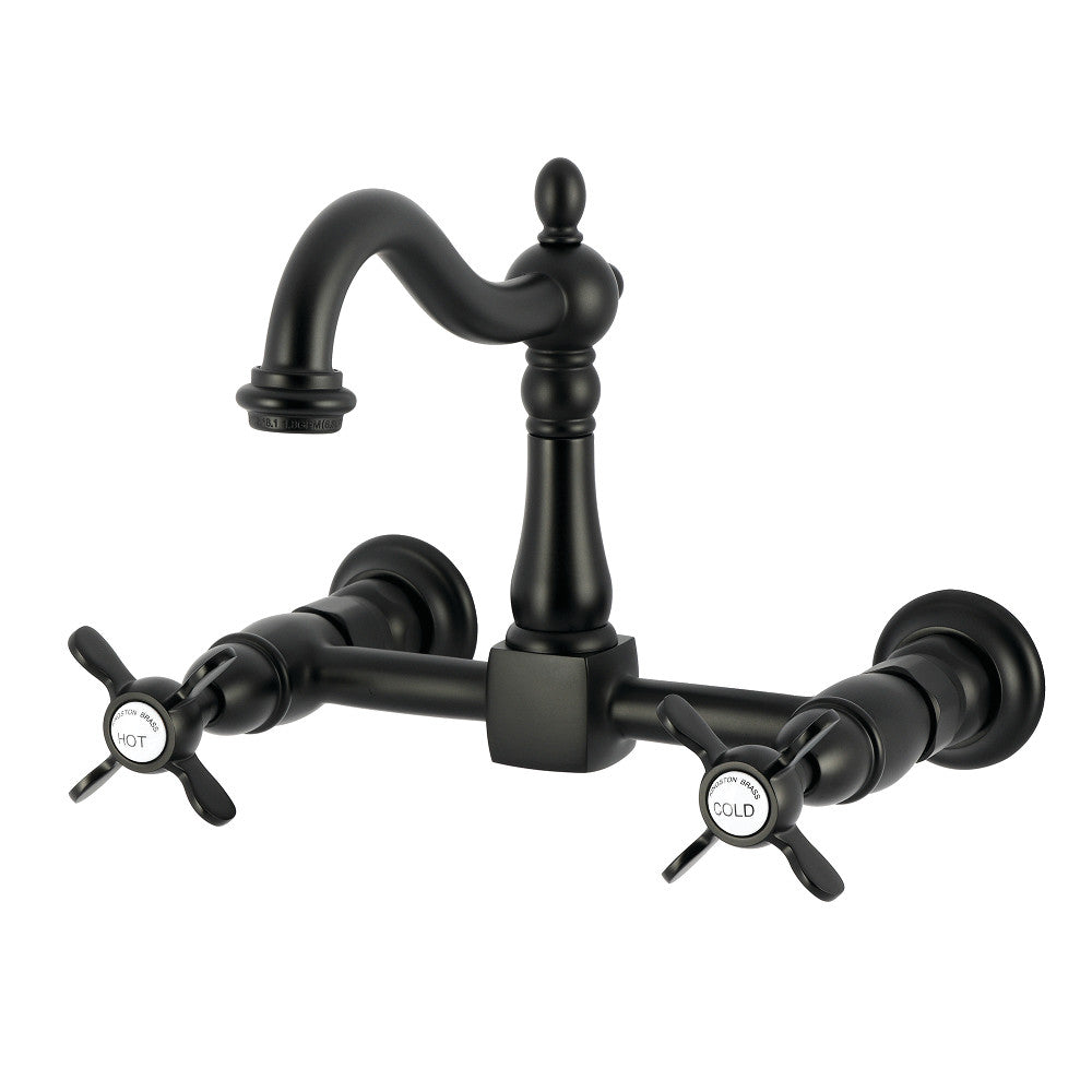 Kingston KS1263BEX Essex Two-Handle Wall Mount Bridge Kitchen Faucet, Antique Brass in matte black finish