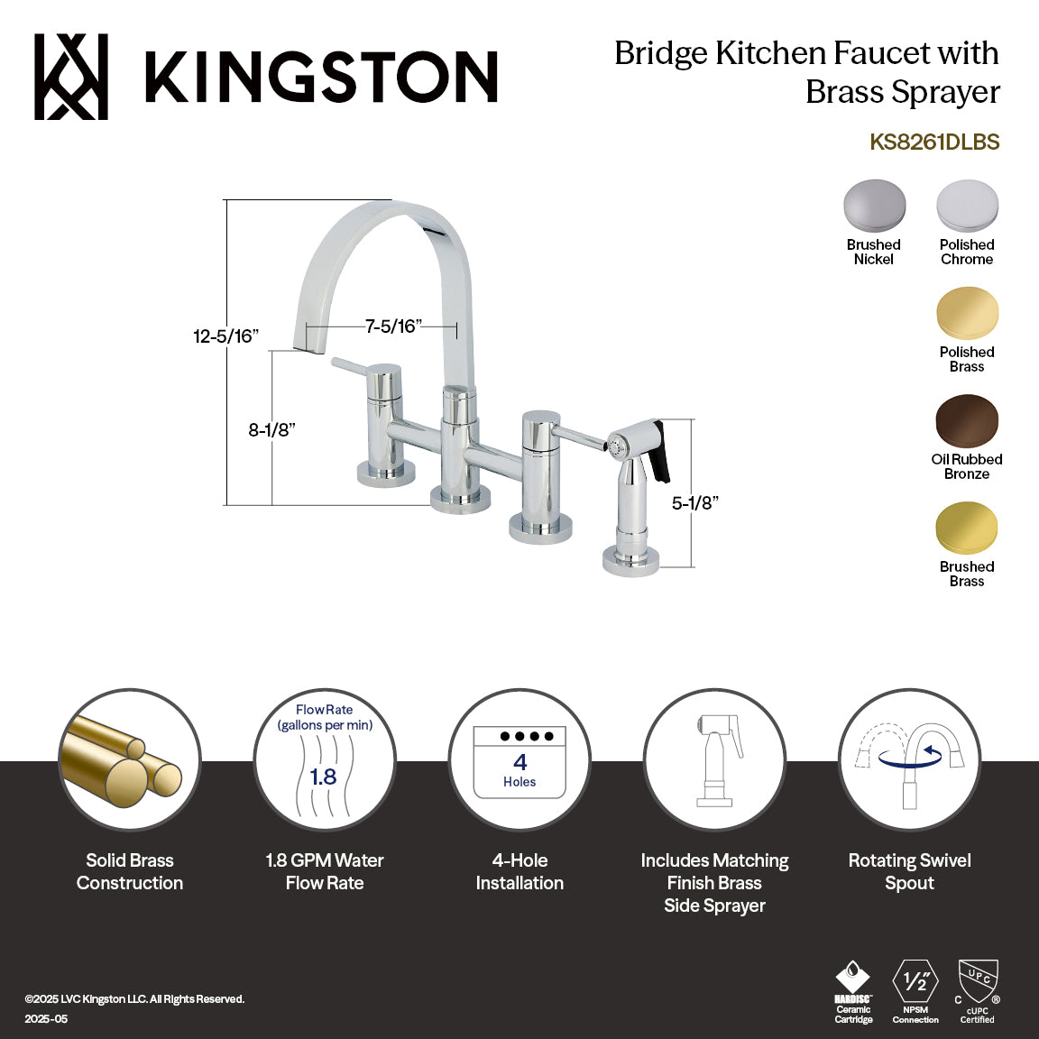 Kingston KS8267DLBS Concord Bridge Kitchen Faucet with Brass Sprayer, Brushed Brass image showcasing design and dimensions.