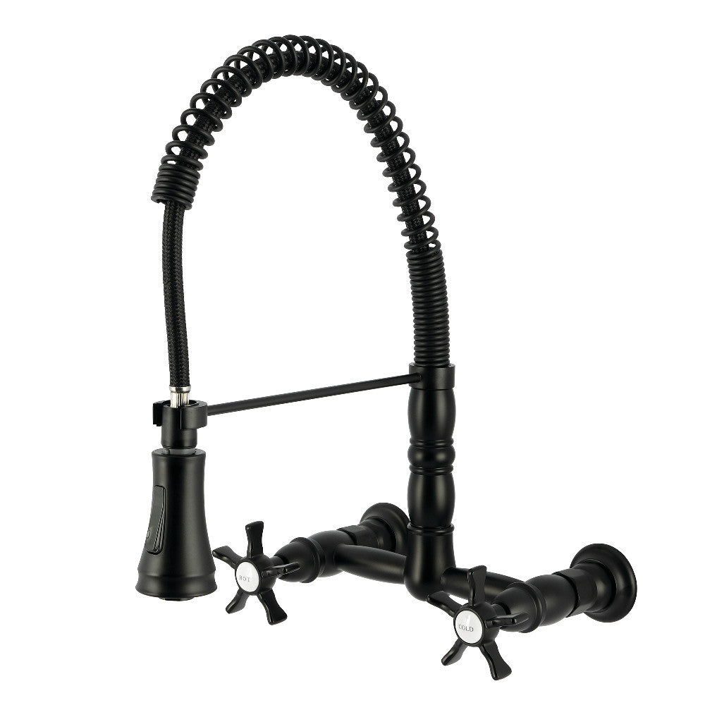 Kingston Brass GS1243NX Hamilton Double-Handle Wall-Mount Pre-Rinse Bridge Kitchen Faucet, Antique Brass in Matte Black finish.