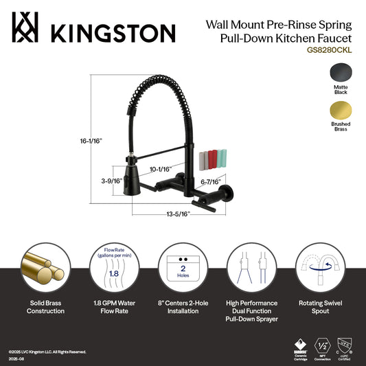 Kingston Brass GS8287CKL Kaiser Double-Handle Wall-Mount Pre-Rinse Bridge Kitchen Faucet, Brushed Brass with dimensions