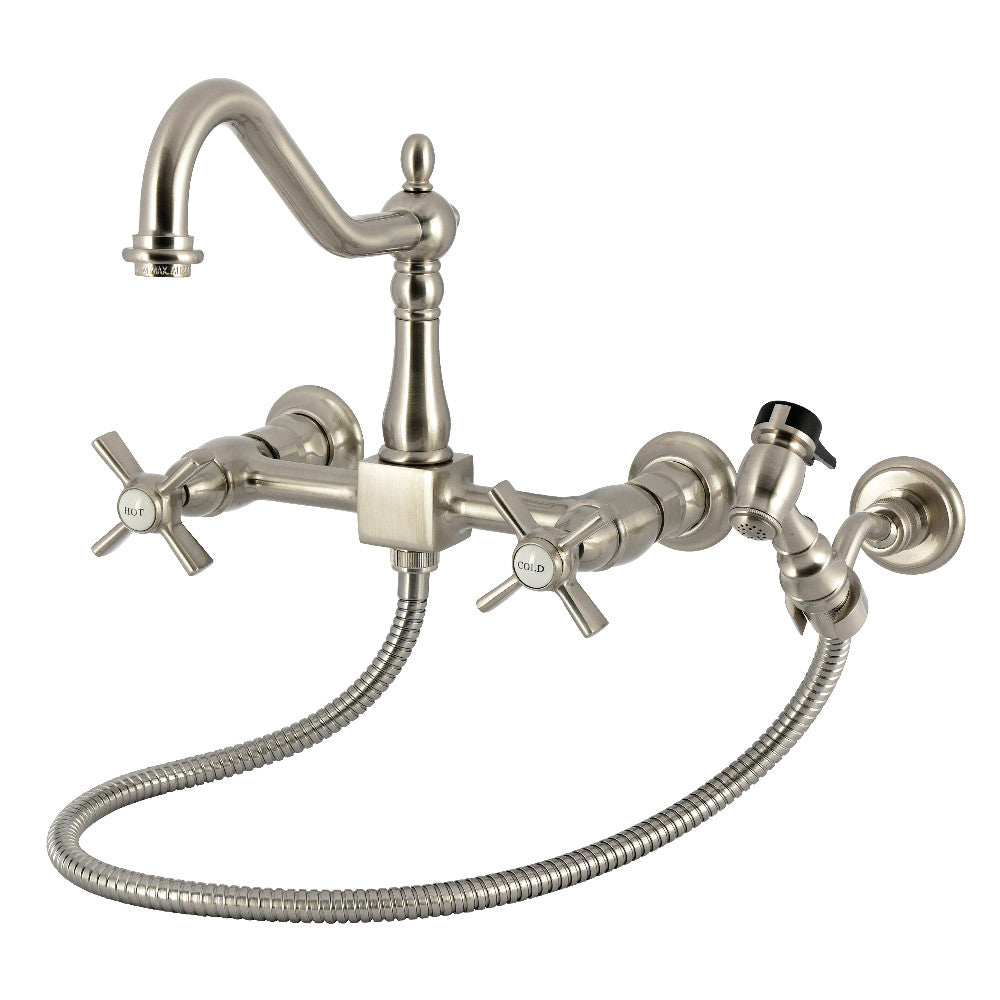 Kingston KS1243ZXBS Millennium Two-Handle Wall Mount Bridge Kitchen Faucet with Brass Sprayer, Antique Brass