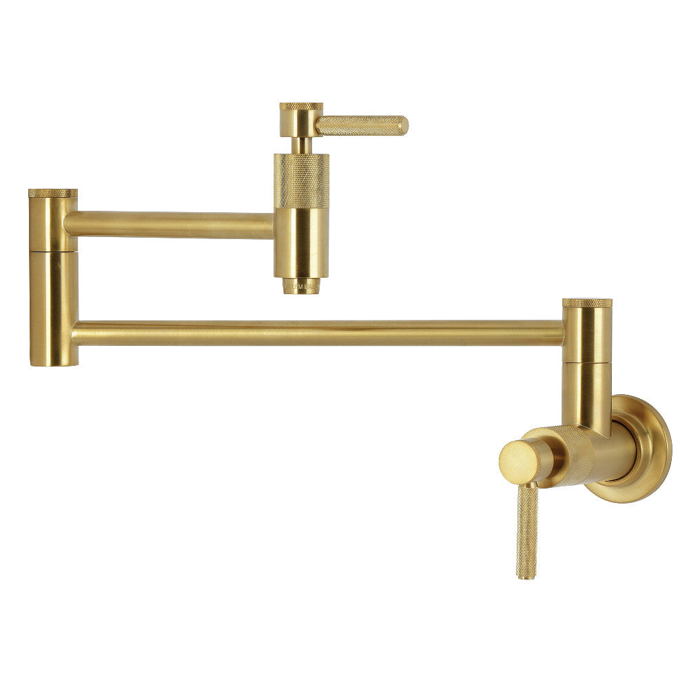 Kingston Brass KS8103KNL Convergent Wall Mount Pot Filler Faucet with Knurled Handle, Antique Brass in brushed brass finish.