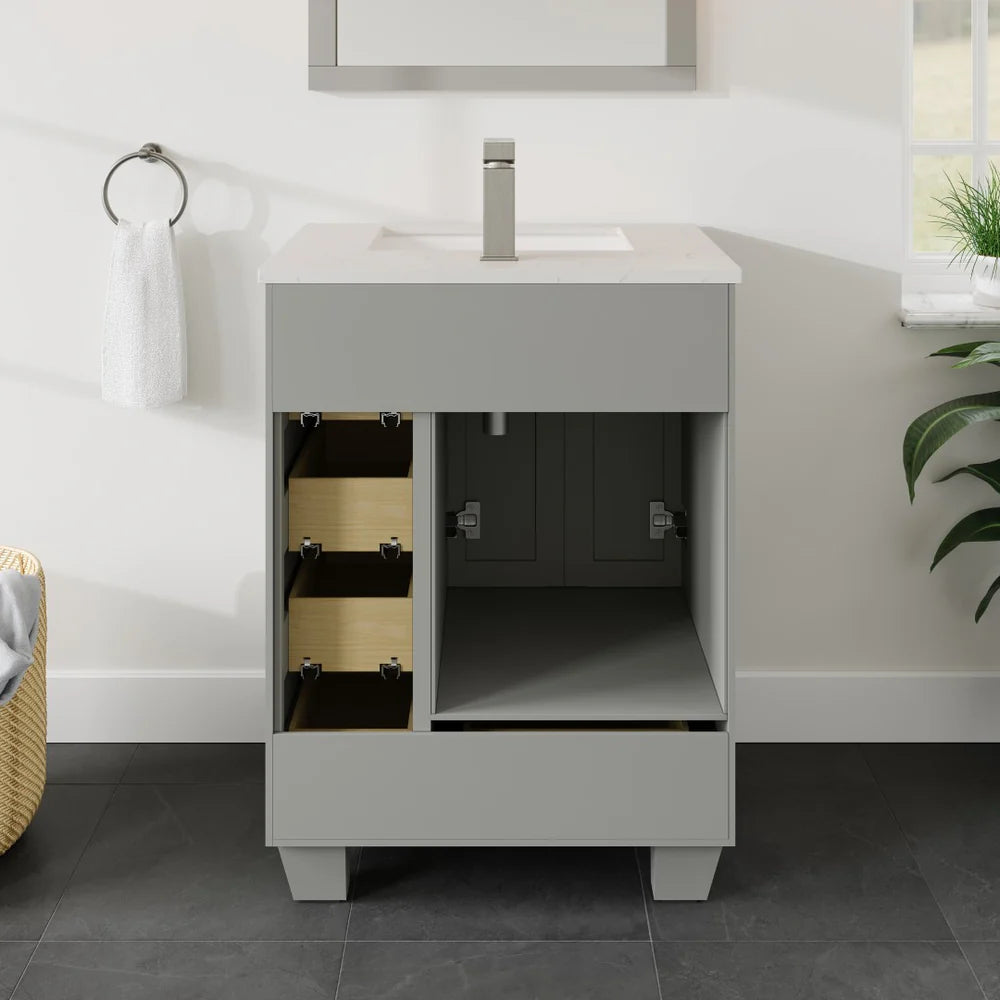 Reverse view of Eviva Acclaim single sink 24" vanity in gray showing open back for easy plumbing access