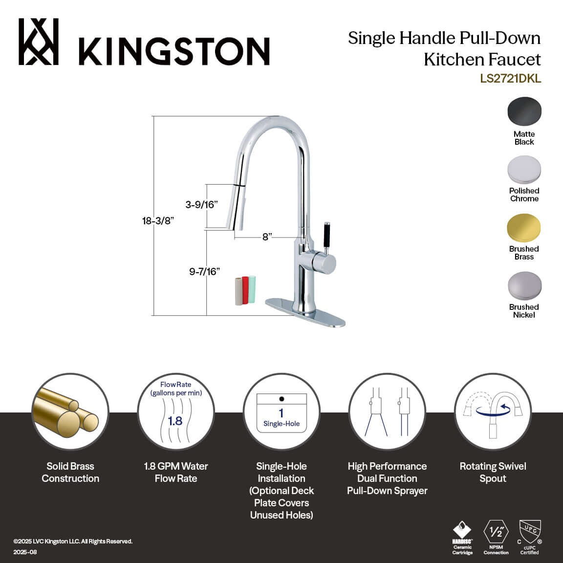 Gourmetier LS2723DKL Kaiser Single-Handle Pull-Down Kitchen Faucet, Brushed Brass diagram with dimensions and features.