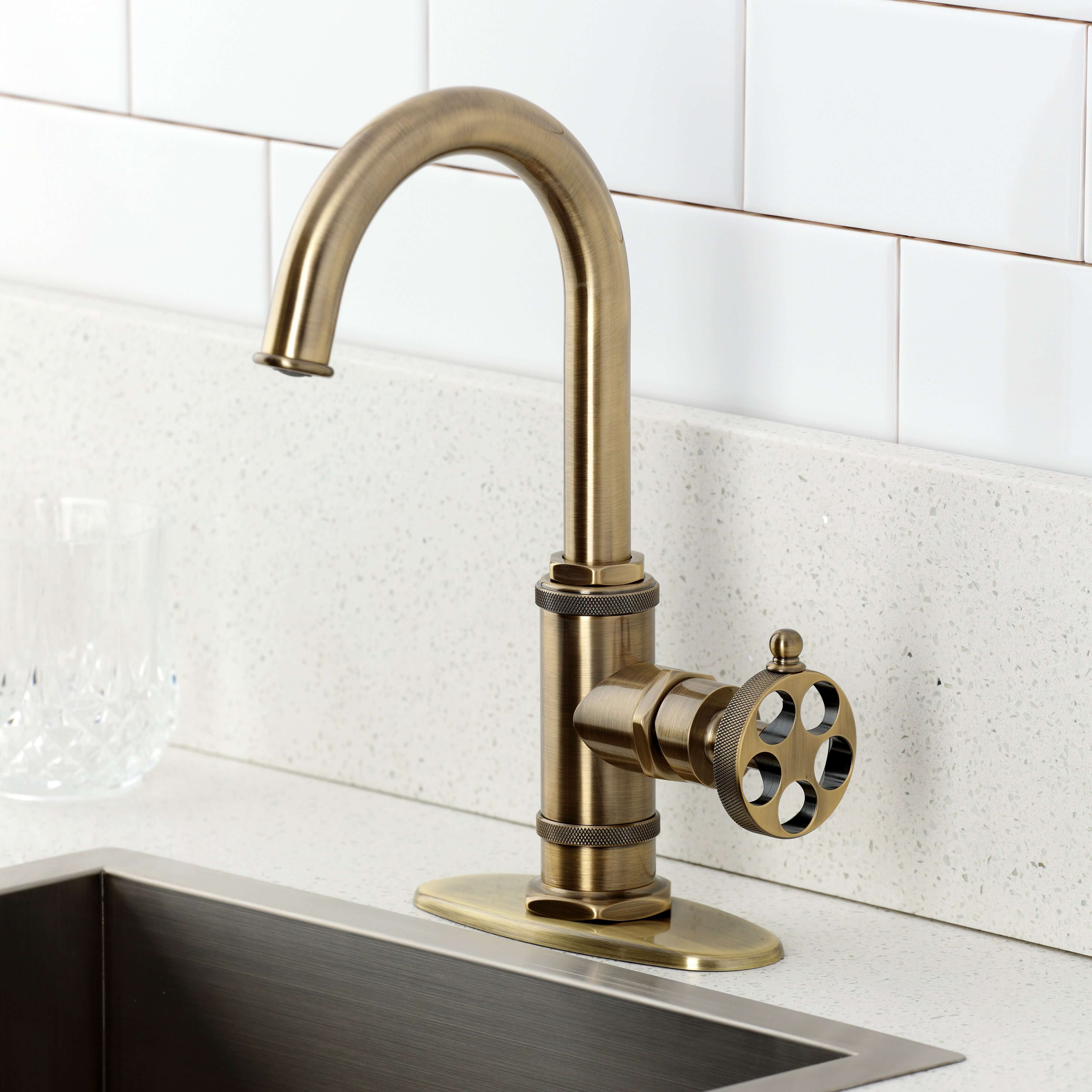 Kingston Brass KSD8503RKZ Wendell Single-Handle Bar Faucet with Knurled Handle, Antique Brass