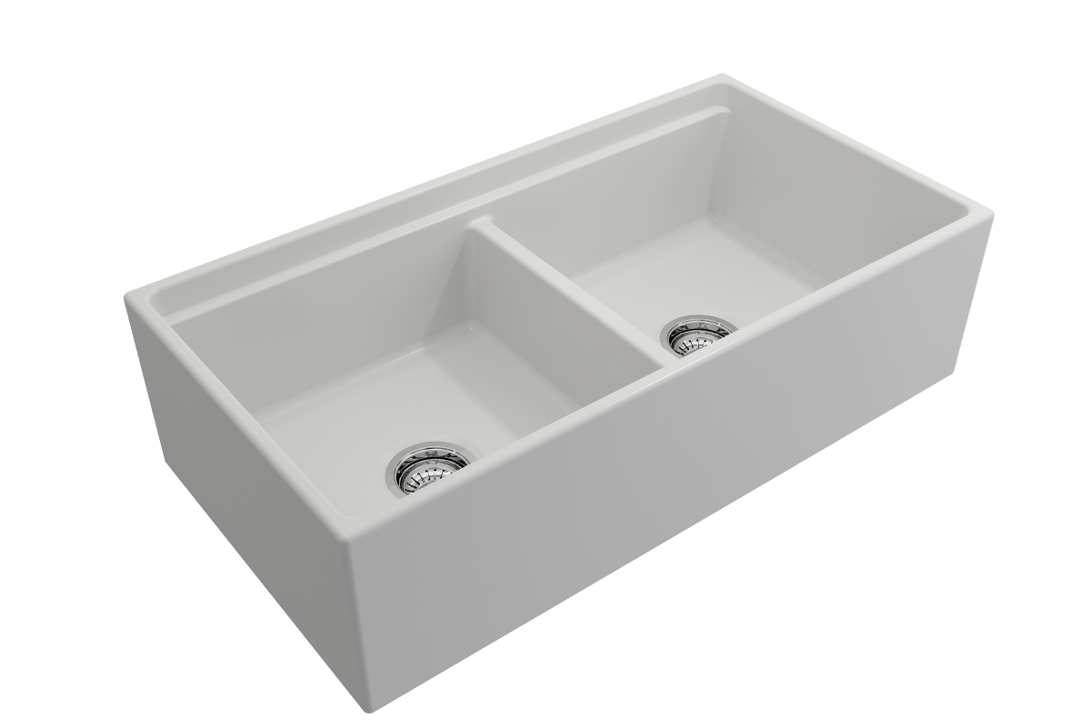 BOCCHI CONTEMPO 36" Step Rim Fireclay Farmhouse Double Bowl Kitchen Sink with Protective Bottom Grid and Strainer right side view in white.