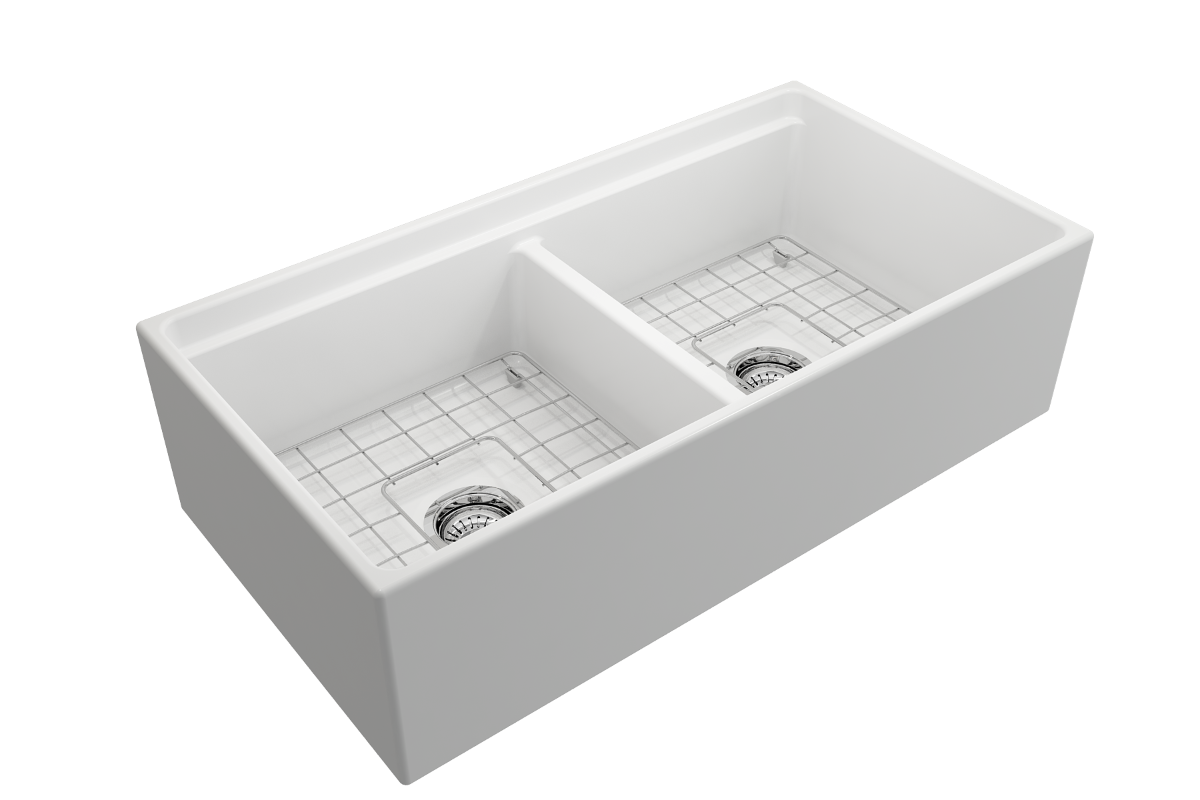 BOCCHI CONTEMPO 36" Step Rim Fireclay Farmhouse Double Bowl Kitchen Sink with Protective Bottom Grid and Strainer right side view