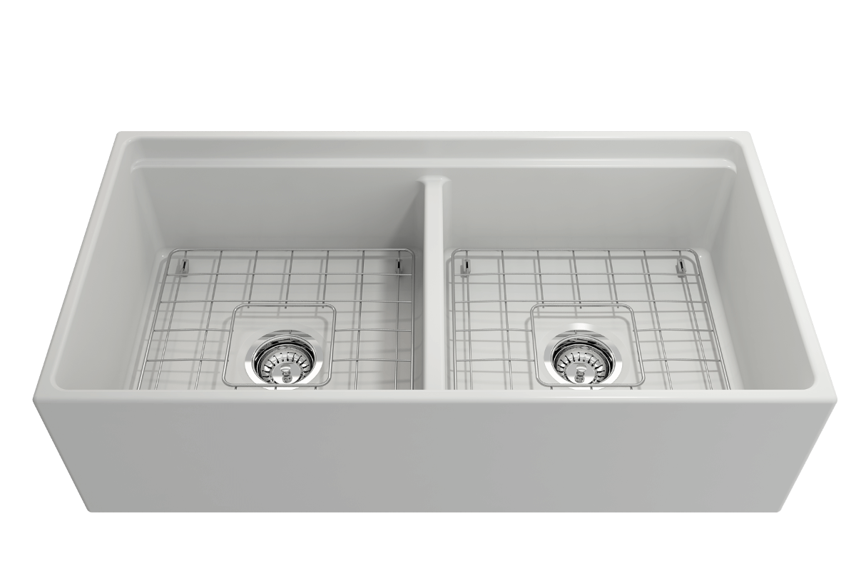 BOCCHI CONTEMPO 36" Step Rim Fireclay Farmhouse Double Bowl Kitchen Sink with Protective Bottom Grid and Strainer, white finish, top view.