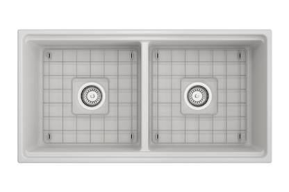 Top view of BOCCHI CONTEMPO 36" Step Rim Fireclay Farmhouse Double Bowl Kitchen Sink with Protective Bottom Grid and Strainer.