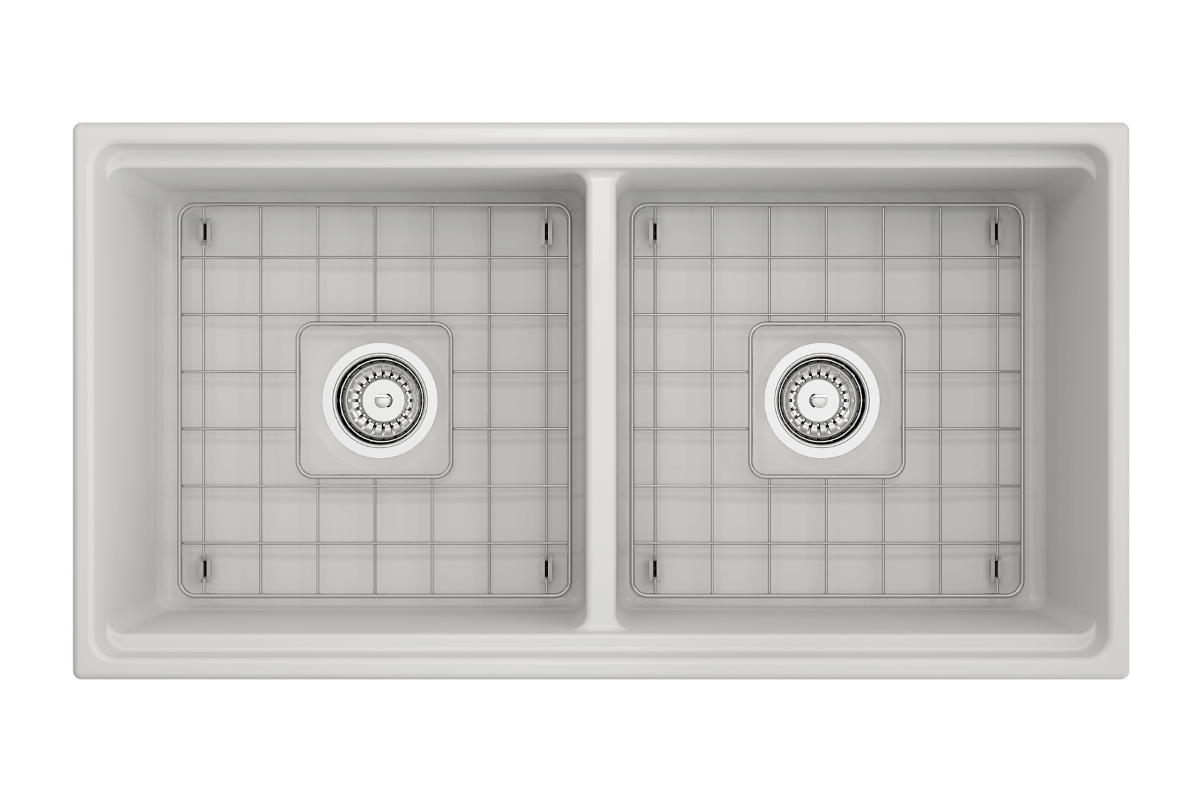 Top view of BOCCHI CONTEMPO 36" Step Rim Fireclay Farmhouse Double Bowl Kitchen Sink with Protective Bottom Grid and Strainer.